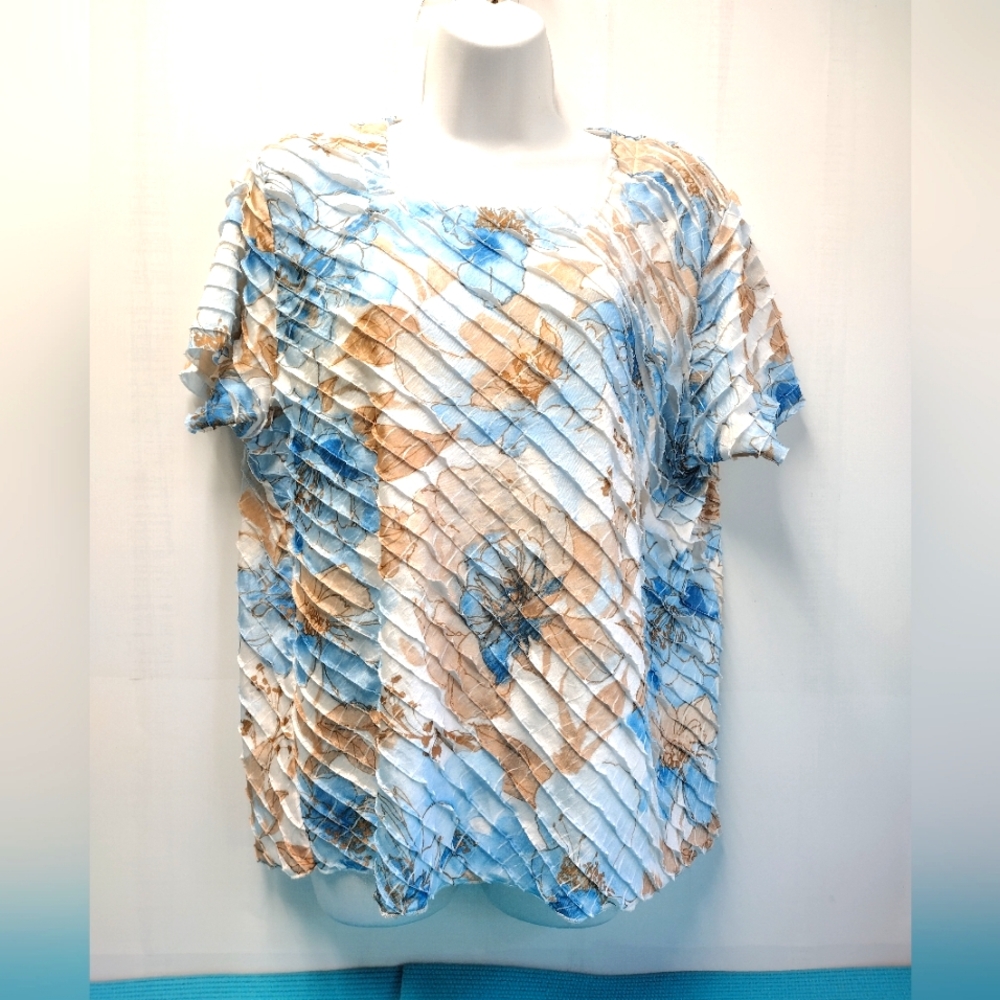 Alfred Dunner Womens Floral Blue Brown Flapper Style Pullover Blouse L